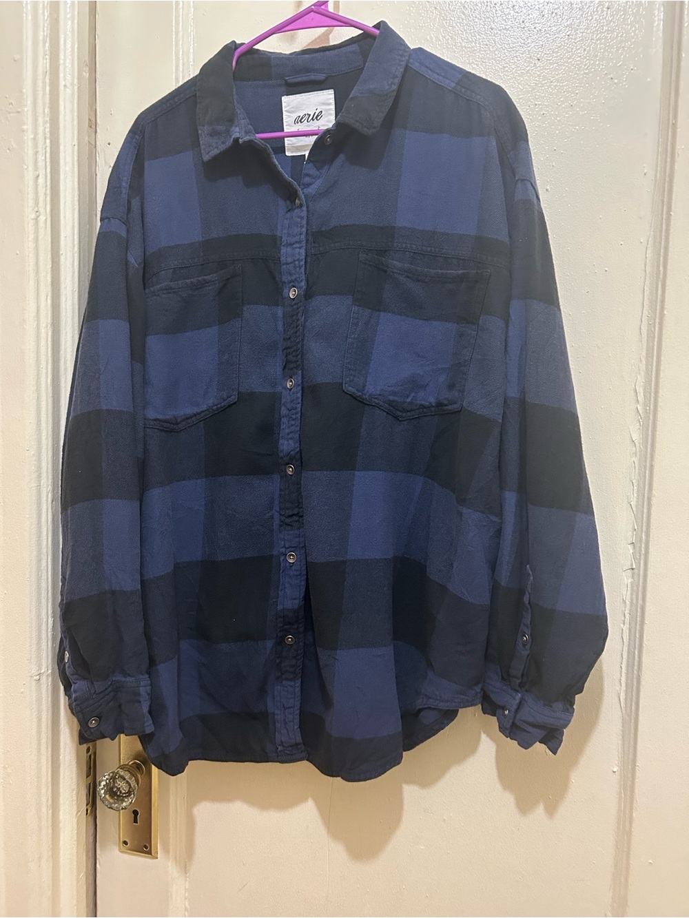 NWOT aerie Navy and Black Oversized Flannel Shirt Sz L. Plaid Button-Down